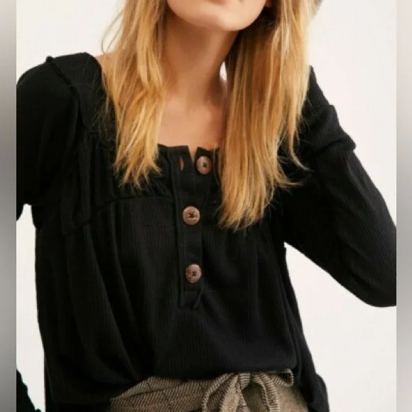 Free People Henley Waffle Knit Longsleeve Blouse - Picture 9 of 10